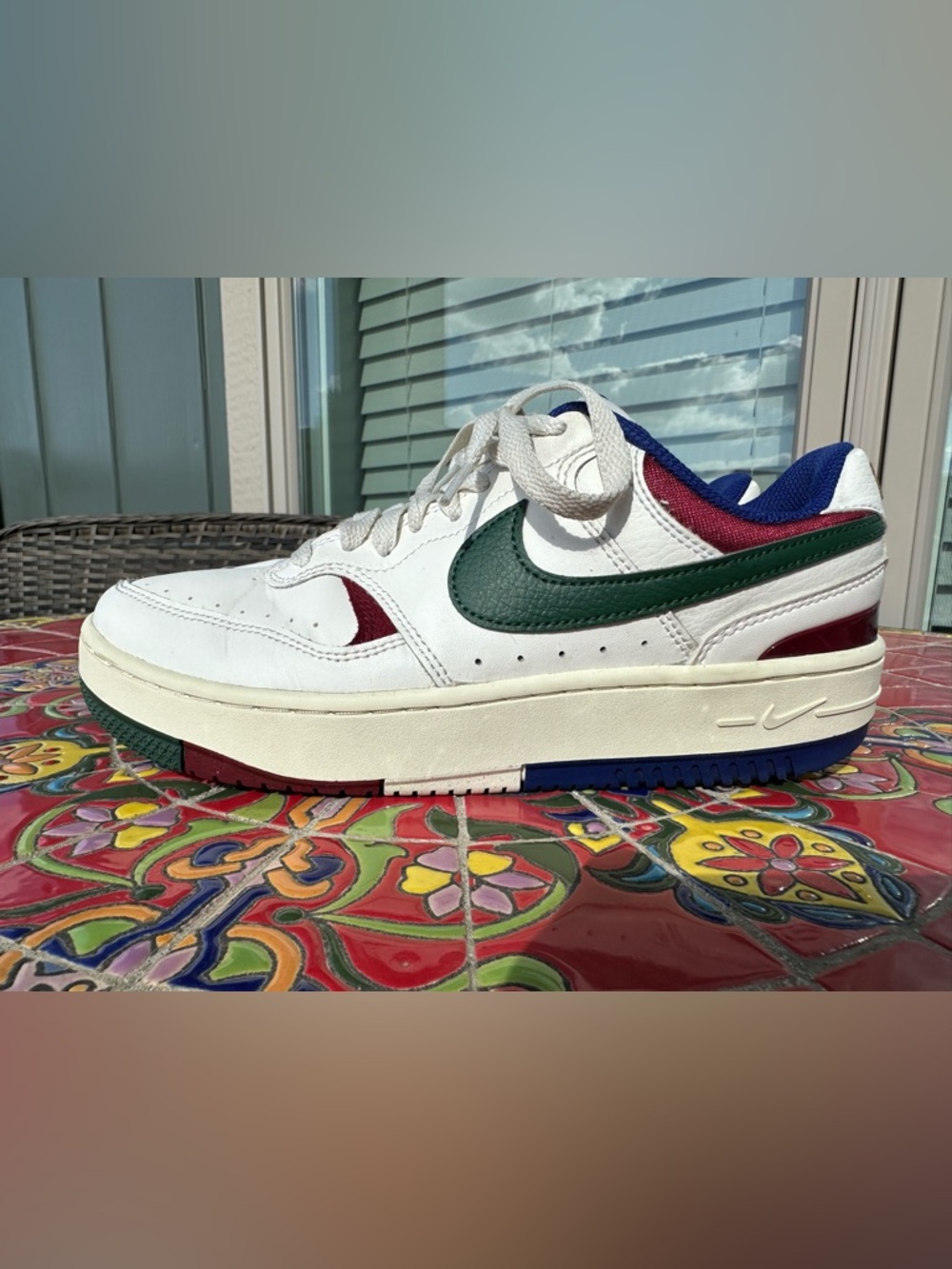 Nike White Leather Low-Top with Green Swoosh and Maroon & Blue Accents